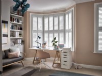 Pink office with white shutters