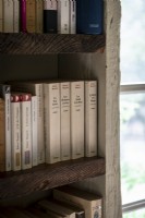 Detail of books on rustic bookshelves
