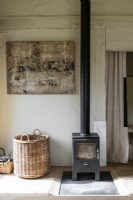 Wood burning stove in rustic living room