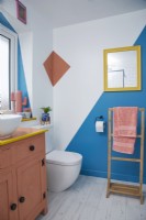 Bathroom with blue and pink colour blocking.