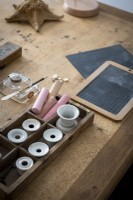 Chalk and small chalkboards on wooden desk