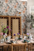 Bamboo screen against wall in retro style dining room