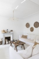 White country living room with wooden coffee table