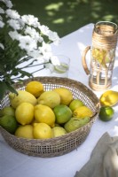 Lemons and limes in a basket on outdoor dining table