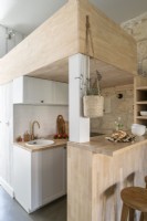 Tiny kitchen in open plan living space - mezzanine bed above