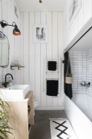 Small modern bathroom with white painted wooden walls