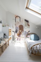 Modern childrens bedroom with patterned feature wall