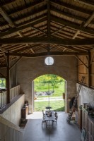 Overhead view of dining area in rustic barn home