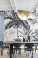 Modern dining room with pattened wallpaper feature wall