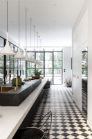 Long narrow contemporary kitchen-diner with crittall doors 