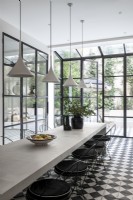 Contemporary black and white dining room with crittall doors 

