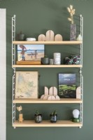 Wall mounted bookshelf on green painted wall - detail