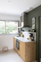 Wooden unit against dark green painted wall in modern kitchen