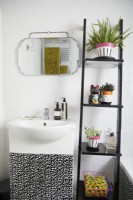 Bathroom with black painted ladder shelf and animal print cupboard under the sink.