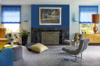 Living Room furnishings in blue, gold and grey colours.
