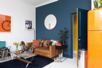 Bold, colourful open plan living room