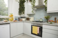 Kitchen with blue metro tiles, hanging plants and a fruit basket.