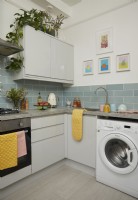Kitchen with blue metro tiles showing the sink, artwork and plants.