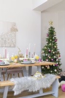 Set dining table and bench with Christmas tree