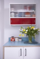 Plywood kitchen detail showing blue worktops and a red retro wall cabinet.