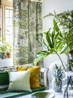 Bench with vase and house plants with patterned curtains