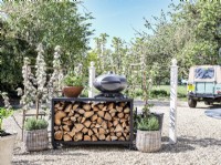 BBQ and log storage on gravel driveway of country house