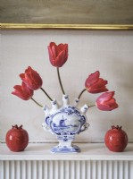 Blue and White vase with Red Tulips 