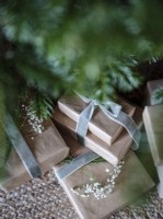 Detail of Nordic style Christmas Presents and Tree 