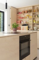 Modern ply kitchen with colourful accessories
