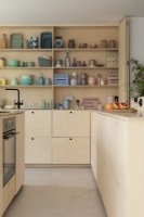 Modern ply kitchen with colourful accessories
