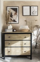 Black and stripped wooden chest of drawers 
