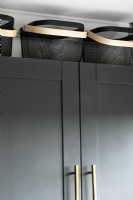 Kitchen detail - black baskets on top of kitchen cabinets 