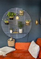 Wall mounted slatted wooden plant display in colourful living room