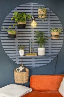 Detail of lamp within display of wall mounted house plants