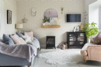 Modern living room with wood burner