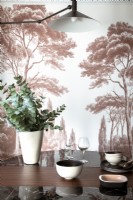 Dining room detail with decorative feature wall behind