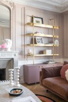 Gold shelving unit against pink painted paneled wall