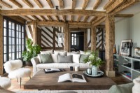 Country living room in timber frame house