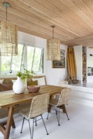 Sunken dining room in modern country cabin
