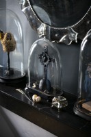 Glass display cases on mantelpiece detail