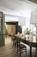 Grey and white modern country dining room decorated for Christmas 