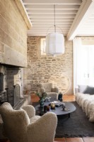 Fluffy modern furnishings in country living room 