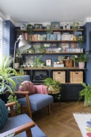 Shelving in the alcove of a blue living room