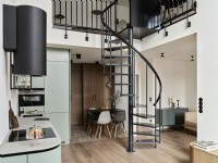 Modern kitchen dining room spiral staircase and mezzanine
