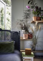 Houseplants in country bedroom with rattan bed
