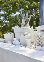 Display of white ceramic pots on exterior wall