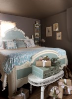 Rustic Michigan Farmhouse Bedroom decorated for Christmas in blues and aqua