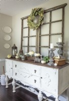 Kaylaâ€™s grandparents knew this antique sideboard was exactly the type of present their granddaughter would appreciate. Stripped and painted white, the piece is one of the dining roomâ€™s star attractions. It holds her collection of white Ironstone dishes, some of which is display as wall art.