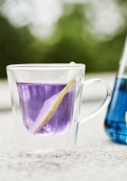 Slice of lemon in glass with purple coloured liquid