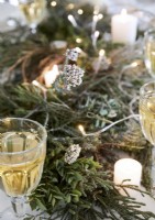 Detail of glasses of wine on table with Christmas decorations